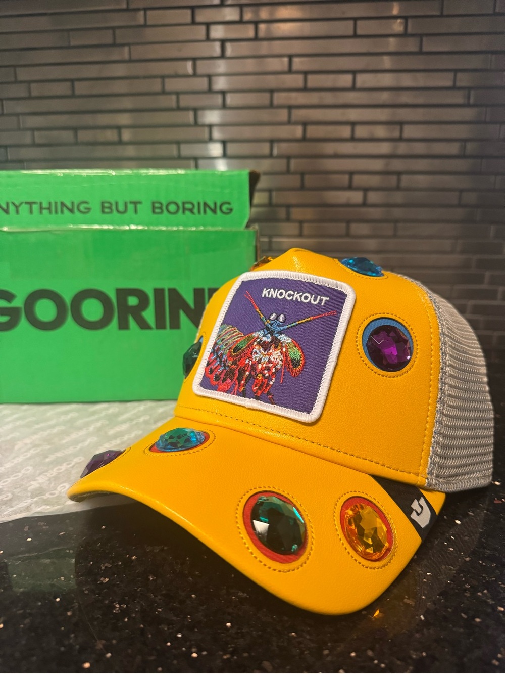 Goorin Bros Yellow Jewel-Studded 'Knockout' Patch Trucker Hat Friday Drop!